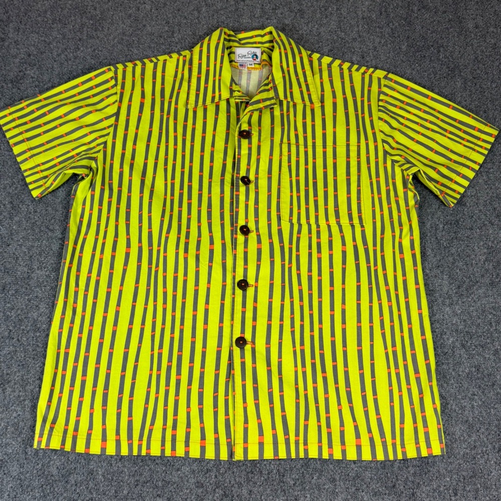 Retro Ruthie Mens Medium Neon Yellow Grey Striped Rockabilly Camp Shirt USA Made